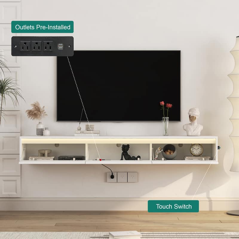 Floating TV Stand, Wall Mounted TV Shelf with Led Lights & Power Outlet,High Gloss TV Cabinet for tv Stands for Living Room