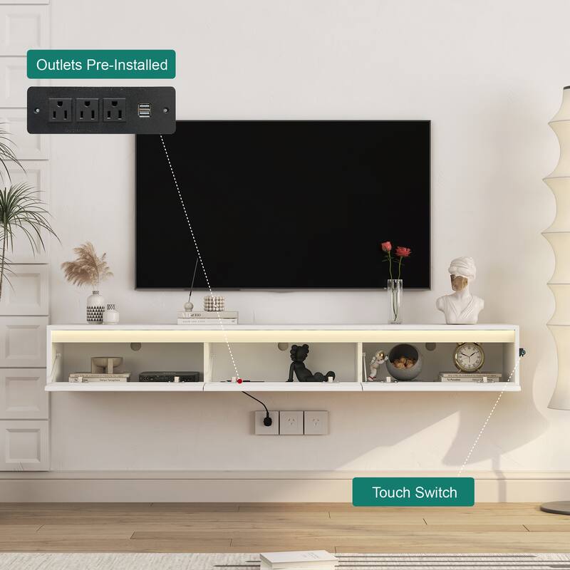 Floating TV Stand with Touch-Sensitive LED Light Strip, High-Gloss Cabinets, Modern Wall-Mounted Entertainment Center