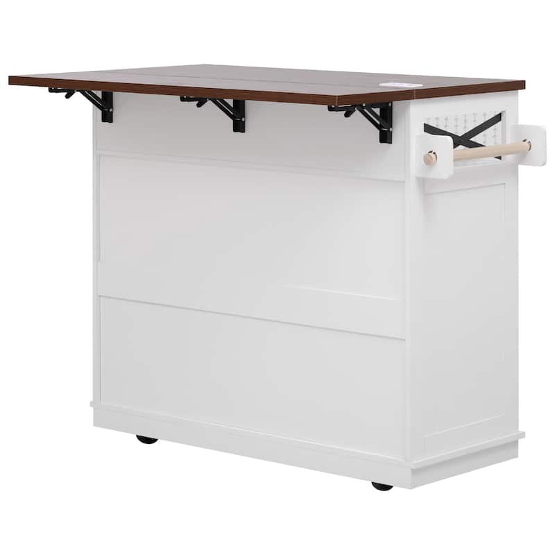 46.5''Farmhouse Kitchen Island with Drape of Beads, Power Outlet,Rolling Kitchen cart on Wheels with Drop Leaf,3 Doors,3 Drawers