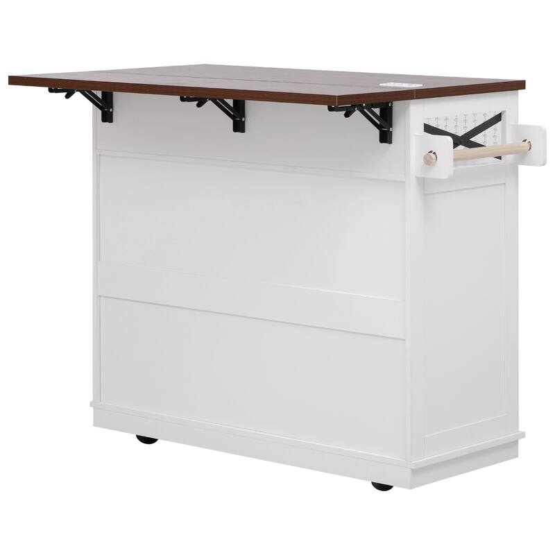 Roomfitters 46.5" Rolling Kitchen Island with Drop Leaf, Mobile Cart with 2 AC Outlets & USB, Beaded Drape & 3 Drawers