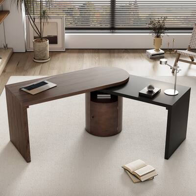 L-Shaped Executive Office Desk with Cabinet and Storage, 360° Rotating
