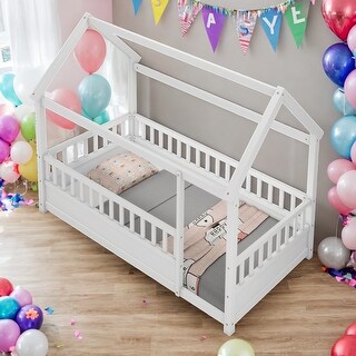 Twin Size Floor Wooden House Bed with House Roof Frame and Fence Guardrails