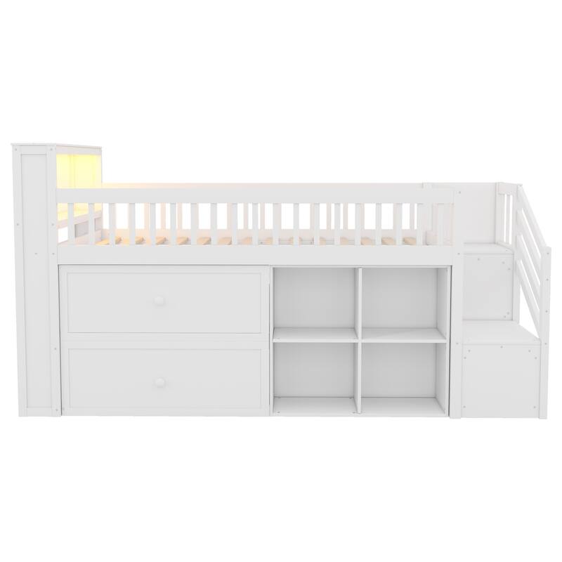 Wood Low Twin Size Loft Bed with LED and Bookshelf, Storage Drawers and Shelves