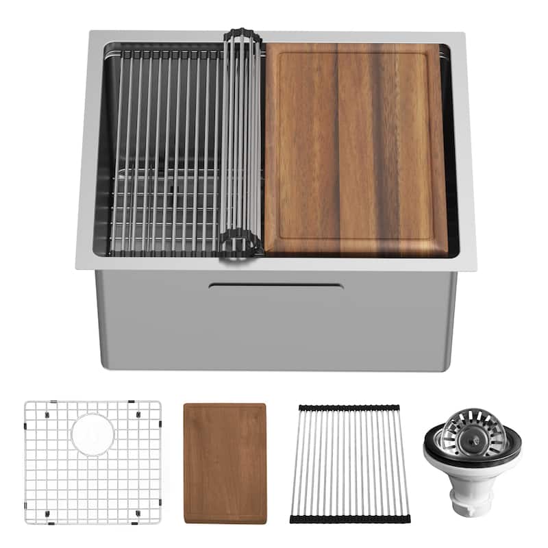 Karran Elite WS-33-PK1 Undermount 23" Single Bowl Stainless Steel Workstation Kitchen Sink with Deeper Bowl