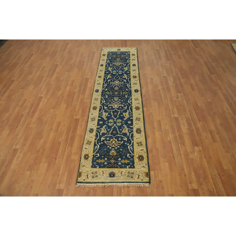 Hand Knotted Oriental 100% Wool Carpet Transitional All-Over Navy Blue & Blues Oushak Runner Rug - 9' 11'' X 2' 5''