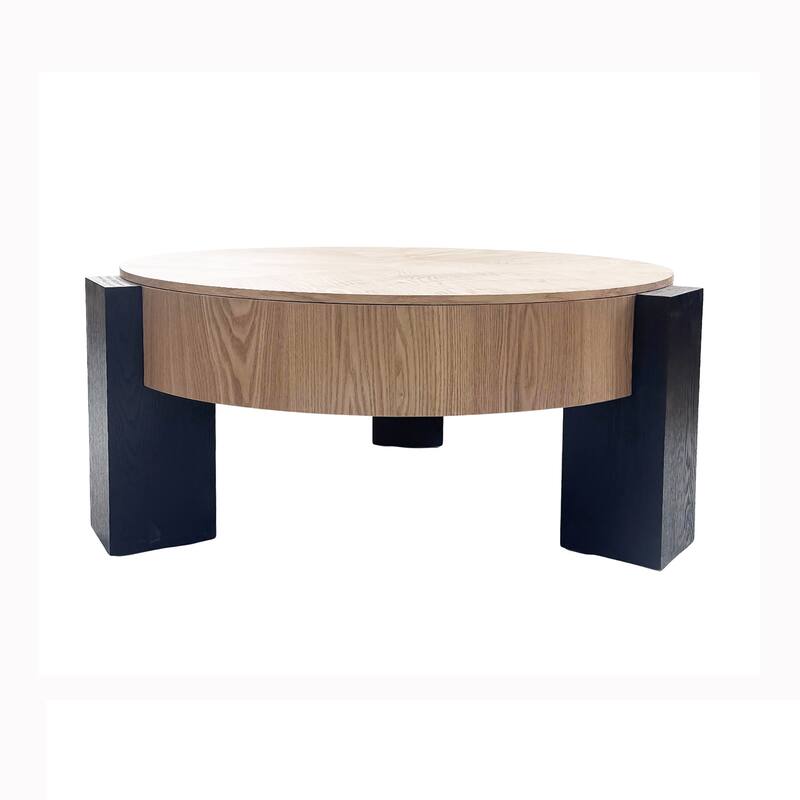 33" Round Coffee Table with Hidden Storage, Parquet Veneer Top Table, 3 Block Legs Sturdy Center Accent Table for Living Room