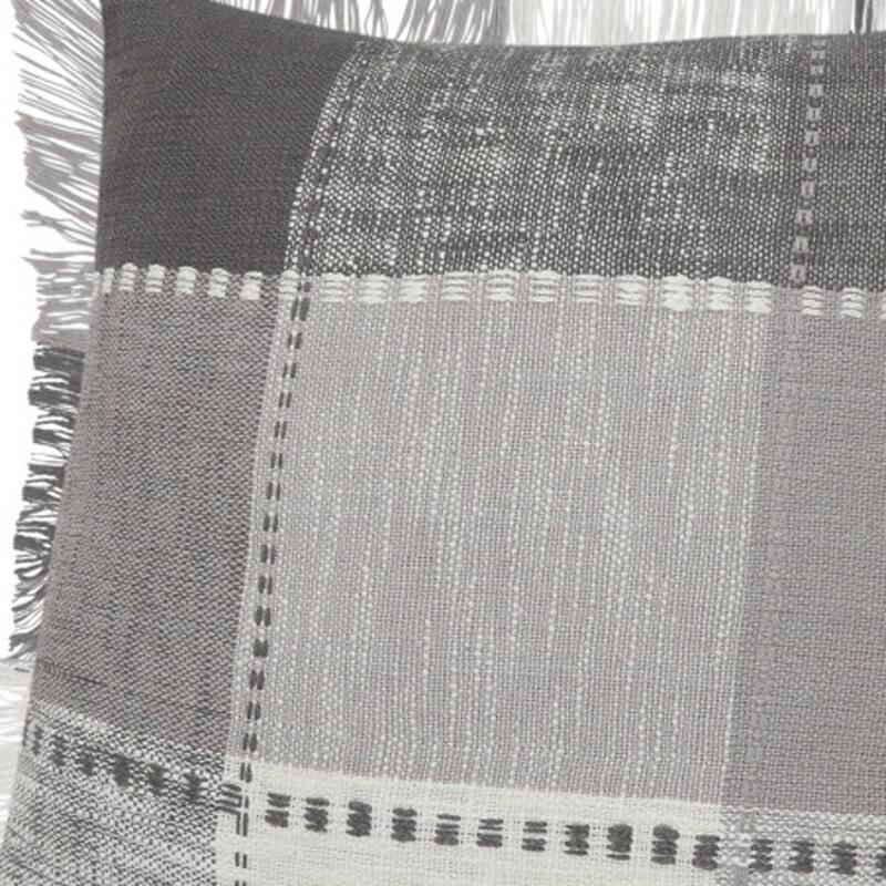 Set of Two 20" Gray And Off White Plaid Cotton Blend Throw Pillows with Fringe