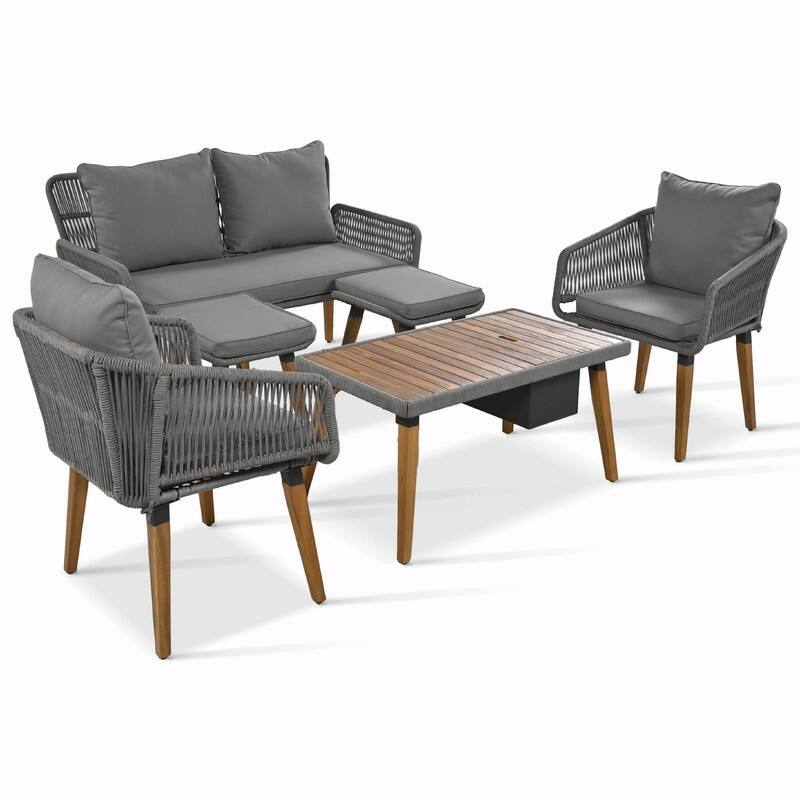 6-Piece Rope Patio Furniture Set with Acacia Wood Cool Bar Table