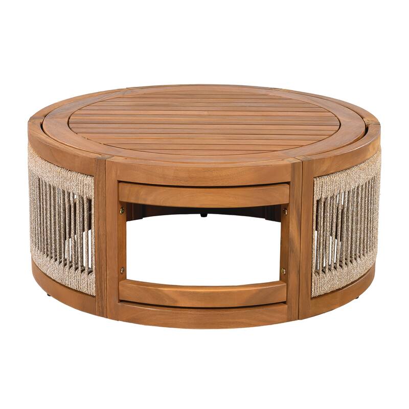 27.95" Acacia Wood Outdoor Coffee Table, Handwoven Rope Accent Boho Patio Table with All-Weather Durability
