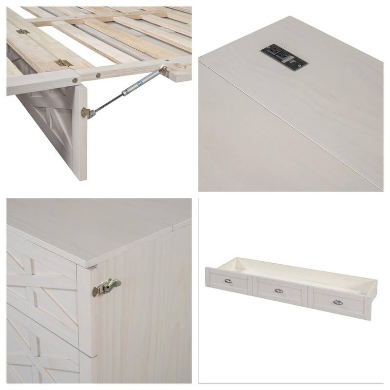 Queen Size Wood Murphy Bed with Drawer,USB Ports ,Three-Prong Outlets