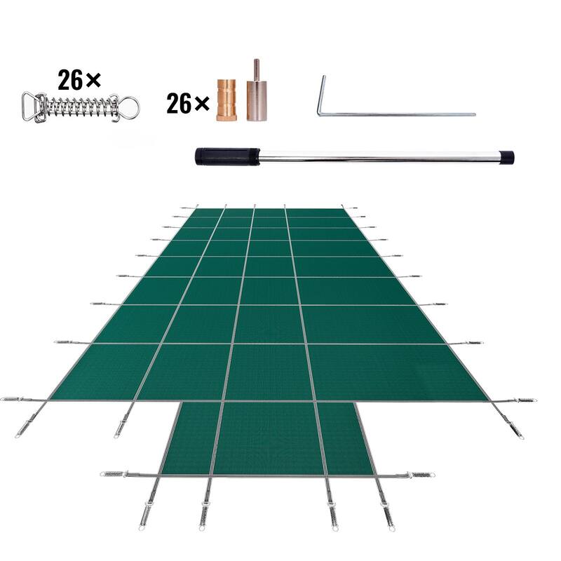 Rectangle Inground Pool Safety Cover Green Mesh with Center End Steps