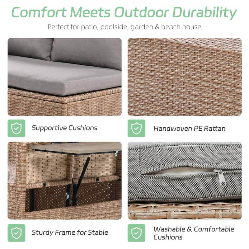 Roomfitters 5-Piece Outdoor Rattan Sofa Set, Patio Sectional Furniture with Dining Table, Storage Bench, Side Trays