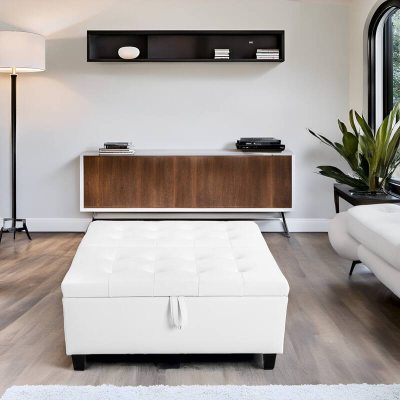 35-Inch Air Leather Tufted Upholstered Lift-Top Ottoman Bench, Large Square Storage Coffee Table for Living Room