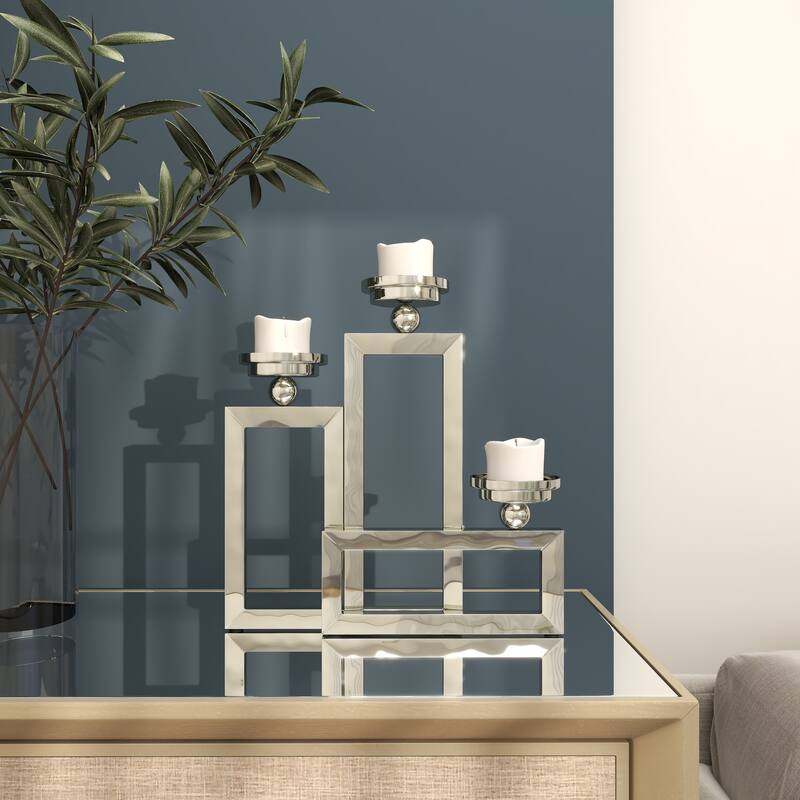 Silver Stainless Steel Metal Open Frame Geometric Candelabra with Overlapping Rectangles