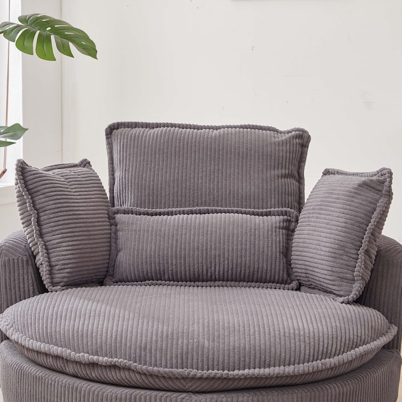 38"W Corduroy Oversized Swivel Chair with moon storage ottoman