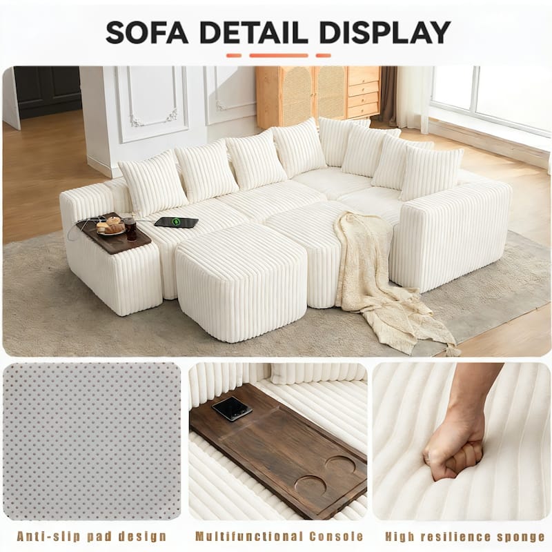 137.5" U-Shaped Sectional Sofa with Coffee Table Board and Ottoman