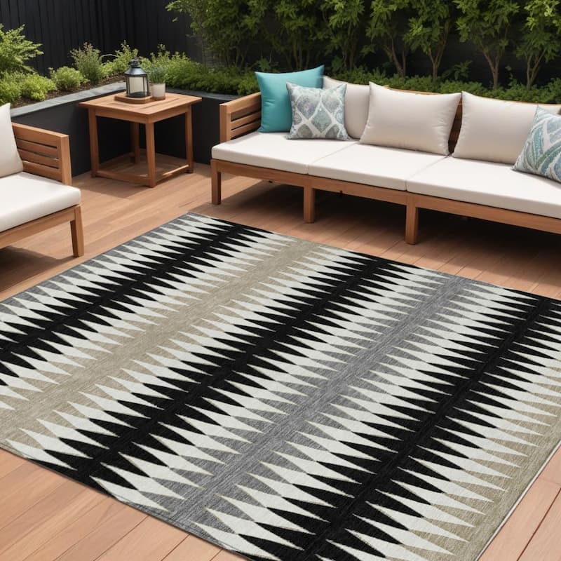 Black Gray And Beige Striped Washable Indoor Outdoor Area Rug - 8' X 10' - 8' X 10' - Beige/Grey/Black