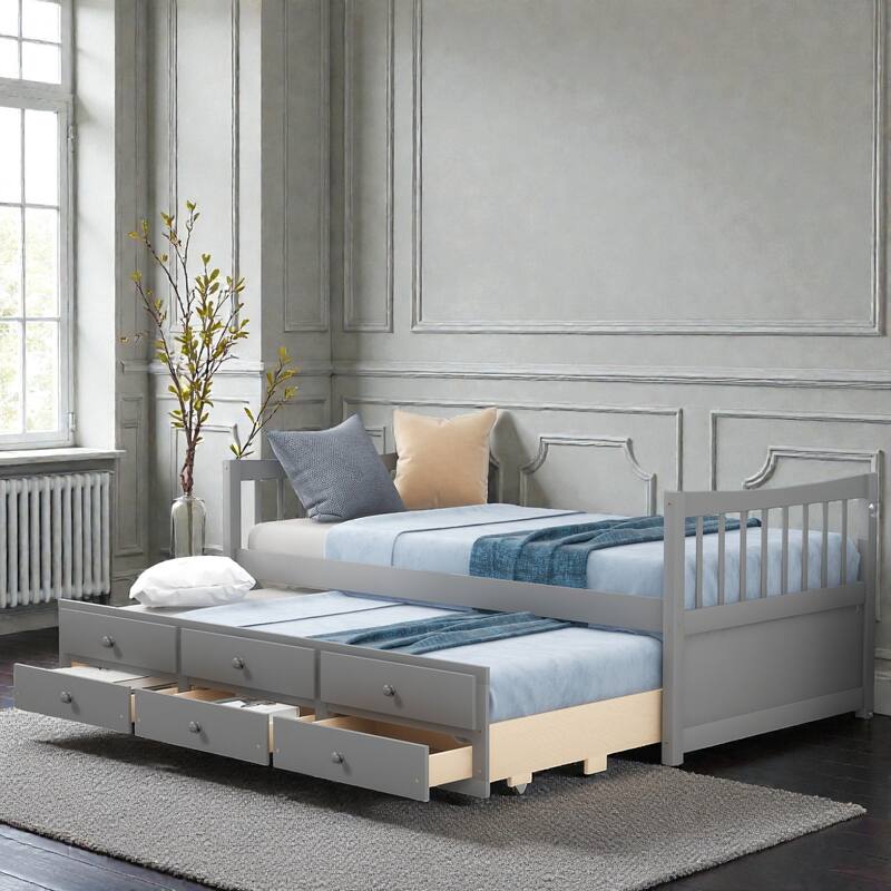 Daybed with Trundle and 3 Drawers, Solid Wood Twin/Full Daybed with Storage, Space-Saving Guest Bed - Grey - Twin