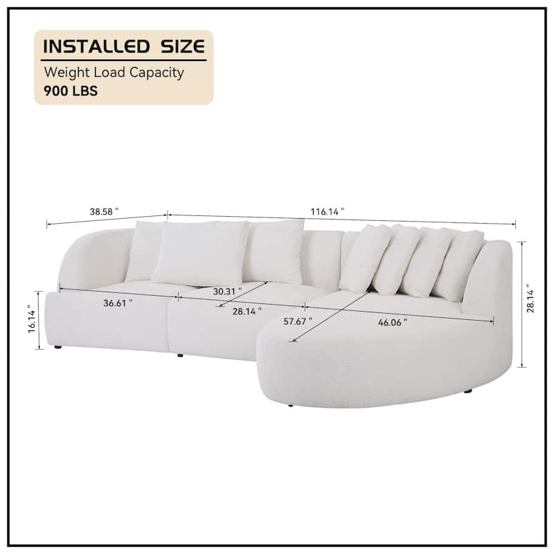 Modern Curved L-Shaped Sectional Sofa with Chaise – Extra Wide White Upholstered Luxury Lounge