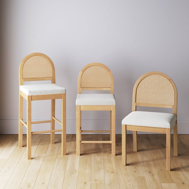 Bailey 19 in. Boucle Dining Chair, Upholstered Side Chair with Natural Woven Rattan Back and Solid Wood Legs