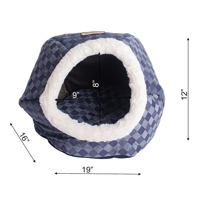 Cuddle Cave Cat Bed For Cats and Puppy Dogs, Blue Checkered - 19"(L ) x 16"(W) x 12"(H)