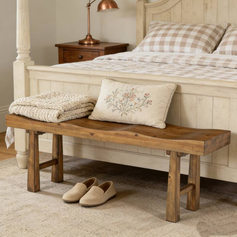 55" Rustic Solid Wood Entryway Bench, Wave-Top Design, Easy Assembly