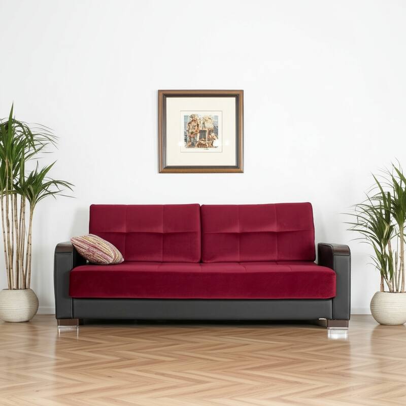 HomeRoots 87" Burgundy Microfiber And Faux Leather Convertible Futon Sleeper Sofa And Toss Pillows With Storage - Burgundy