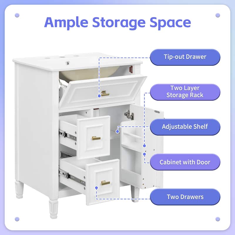 24" Bathroom Vanity with Sink, Flip Drawer and Storage Cabinet, Ceramic Top, Solid Wood Frame and Soft Close Design