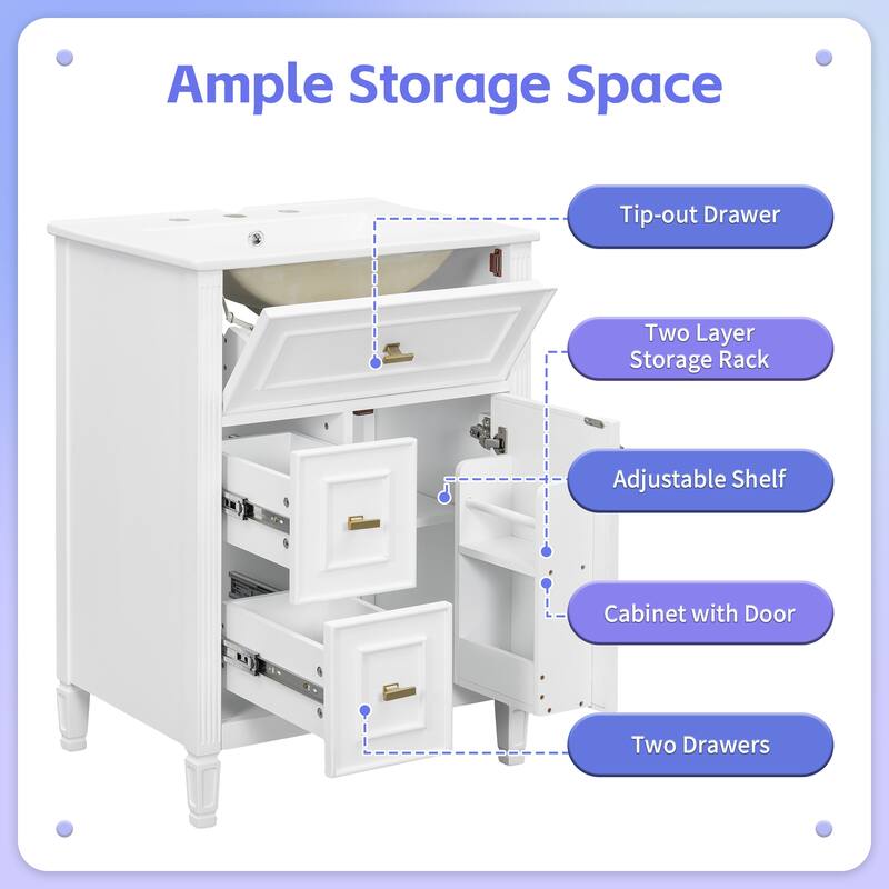 Roomfitters 24" Bathroom Vanity with Sink, Solid Wood Frame, Flip Drawer, 2 Side Drawers & Adjustable Shelf
