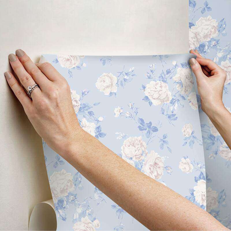 LoveShackFancy NuWallpaper Everblooming Rosettes Whisper Blue Cabbage Rose Bouquets Peel and Stick Wallpaper