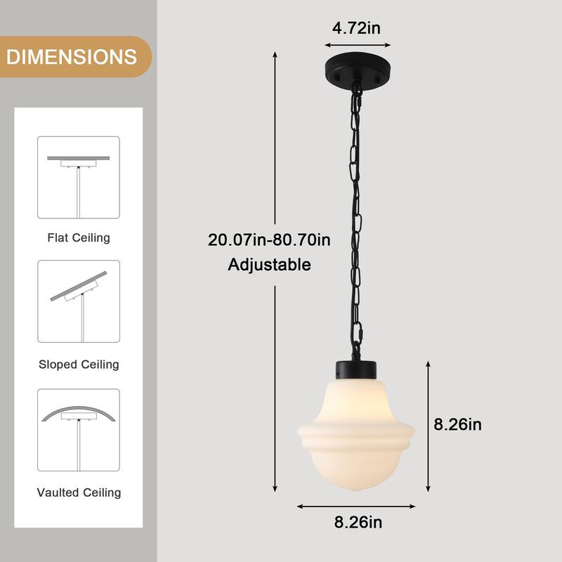 1- Light 8.26'' Wide Dimmable White Milk Glass Pendant
