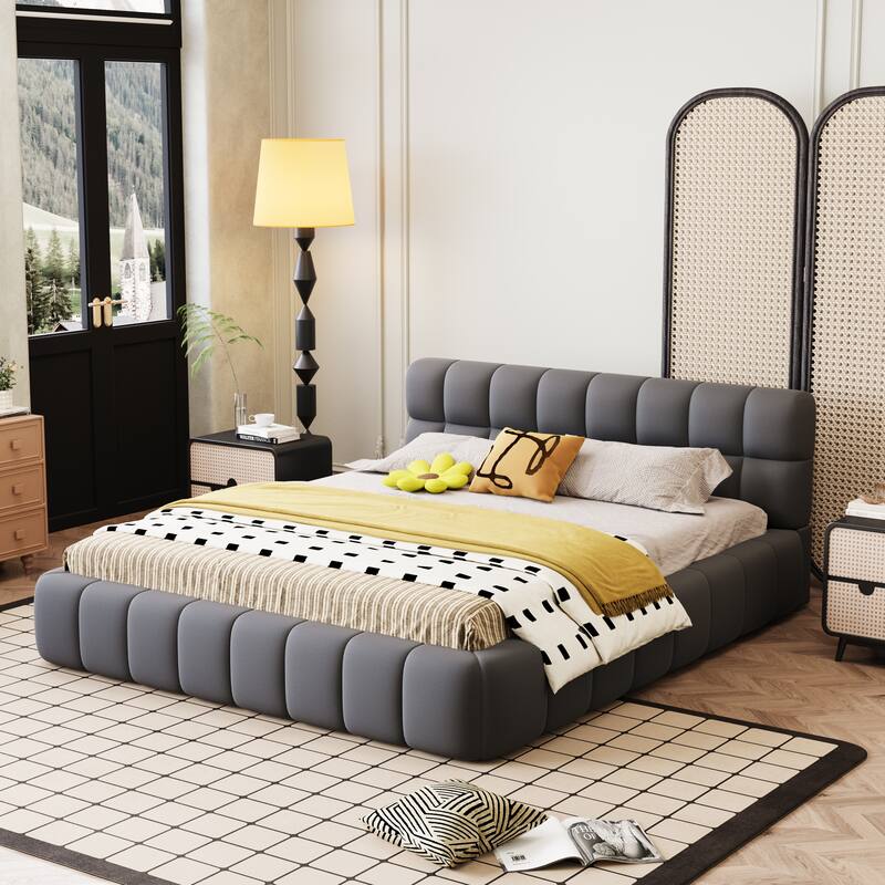 Queen Size Platform Bed Frame with Thick Fabric - Grey
