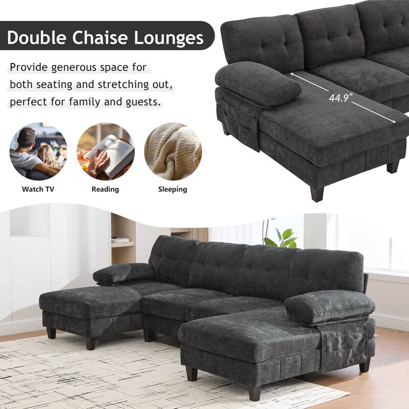 U-shaped Sectional Sofa, Chenille Fabric, Dual Chaise Lounges, Storage Pockets, Armrest Pillows, Black