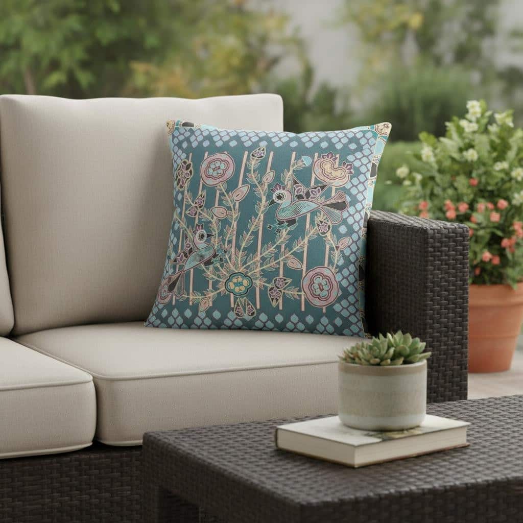 HomeRoots 16" x 16" Dark Green Peacock Blown Seam Floral Indoor Outdoor Throw Pillow - 16.00' X '5.00' X '16.00