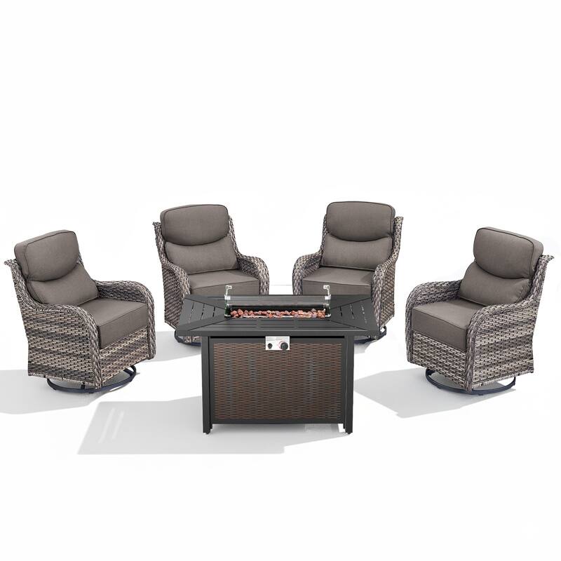 Arcadia 5-Piece Wicker Patio Set with 4 Swivel Glider Chairs and All-Iron Fire Pit