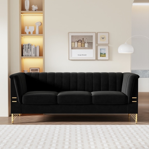 Modern Deep Seat Sofa Tufted Back Lounge Loveseat 3 seat Chaise Lounge Settee with Pull Point Decorate and Metal Legs Black