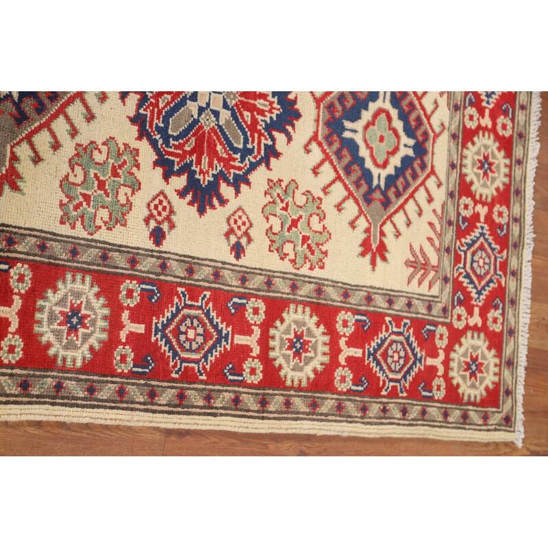 Geometric Kazak Accent Rug Hand-Knotted Beige Wool Carpet - 3'2" x 4'1"
