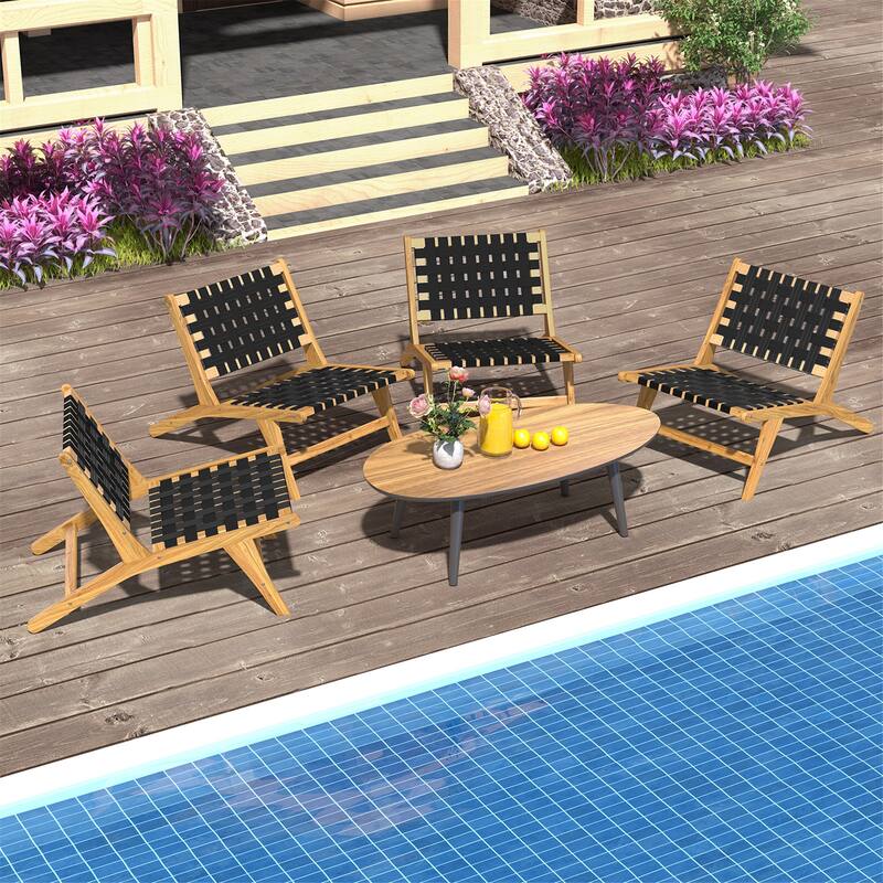Gymax Teak Wooden Chair w/ Woven Webbing Seat & Backrest for Patio Mid