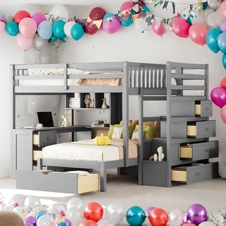 Modern Full Over Twin Bunk Bed With Desk,Drawers and Shelves,Storage-Savy Design