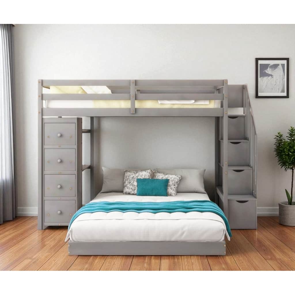 HomeRoots Gray Twin Over Full Wood Bunk Bed With Stairs And Drawers And Storage