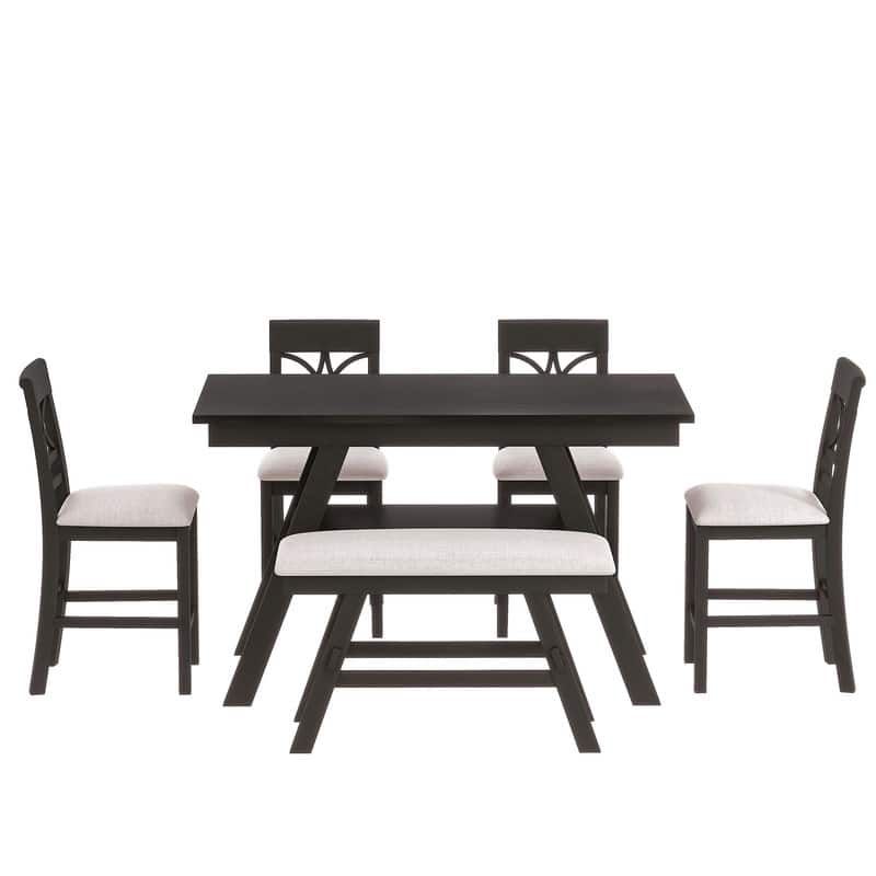 Rustic 6-Piece Counter-Height Dining Set – Wood Table with Storage Shelf, Bench & 4 Matching Chairs‌ -  	Espresso