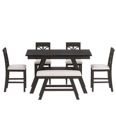 Rustic 6-Piece Counter-Height Dining Set – Wood Table with Storage Shelf, Bench & 4 Matching Chairs‌