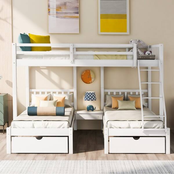 slide 2 of 20, Full Over Twin & Twin Bunk Kids Bed,Triple Bed with Drawers,Guardrails White