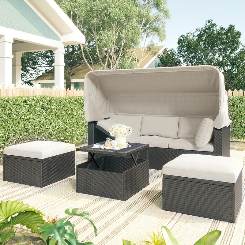 Patio Daybed with Retractable Canopy, Sectional Seating with Washable Cushions