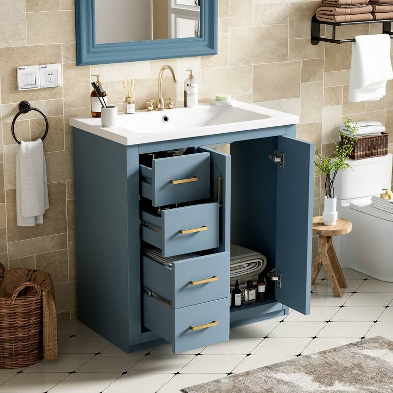 Modern 30" Bathroom Vanity with Ceramic Sink, 3 Drawers & Soft Closing Doors, Solid Wood Frame Cabinet