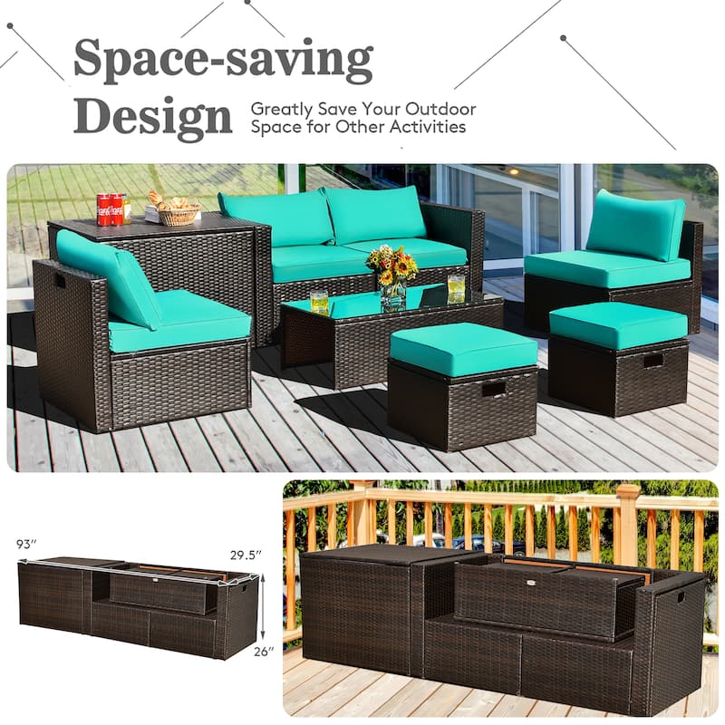 8PCS Patio Rattan Furniture Set Space-Saving Storage W/ Cushion