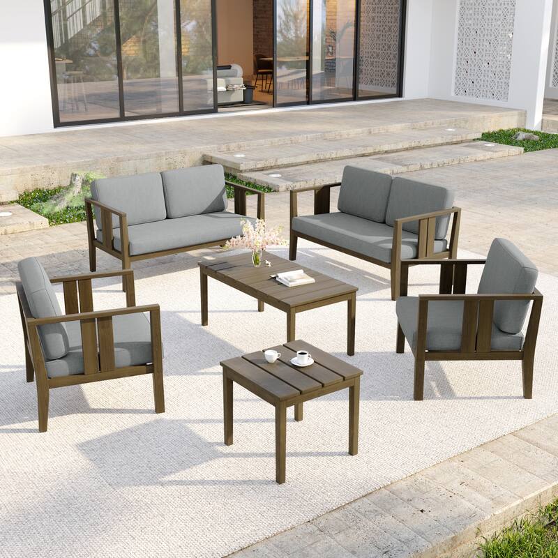 Casual 6-Piece Outdoor Patio Furniture Set In Solid Teak Wood - Natural Wood - Grey