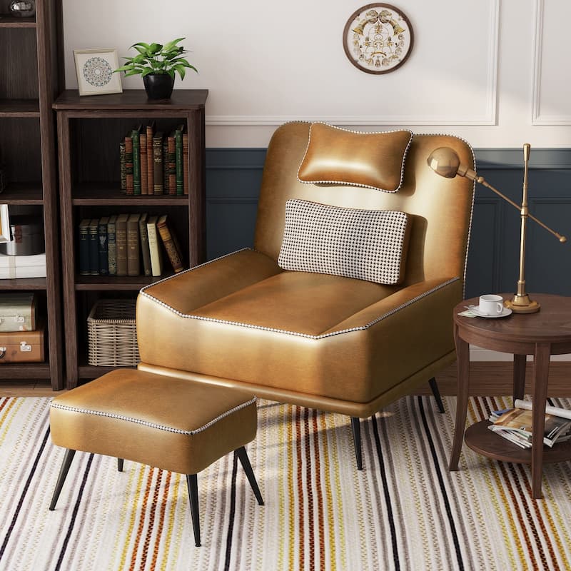 Accent Chair with Ottoman, Upholstered Faux Leather Chairs for Living Room Bedroom Lounge Chair, Modern Sofa Chair with Ottoman
