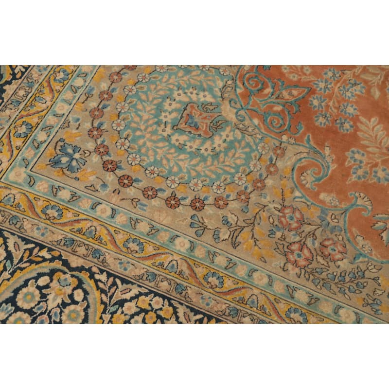 Hand Knotted Oriental 100% Wool Carpet Traditional Floral Oranges & Rust Kerman Area Rug - 13' 7'' X 10' 0''