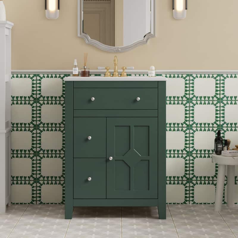 24" Modern Bathroom Vanity - Ceramic Basin, 2 Drawers & Soft-Closing Door, Compact Design